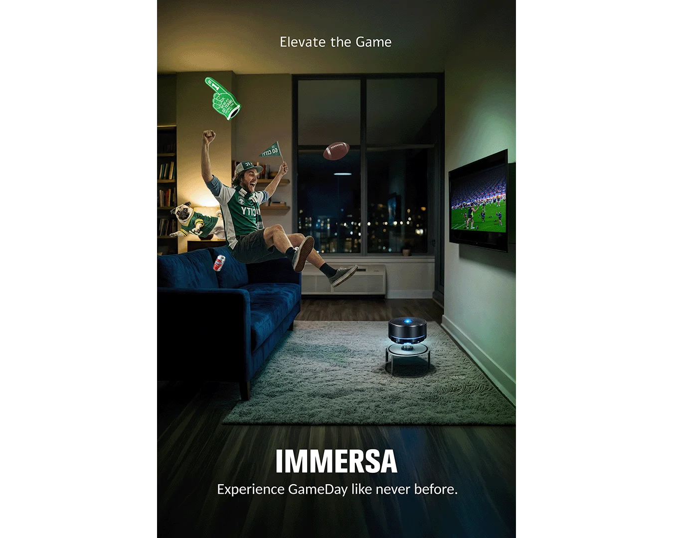 IMMERSA Elevate the Game concept poster: a football fan, ball, and game-day objects float in a living room.