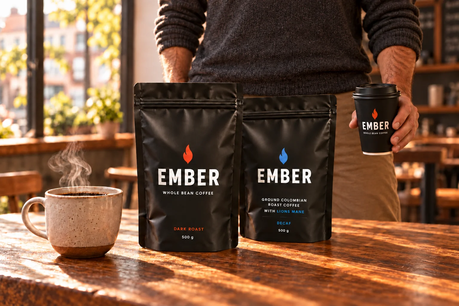 A person framed at the waist stands behind a café table with EMBER coffee bags, holding a branded lidded cup