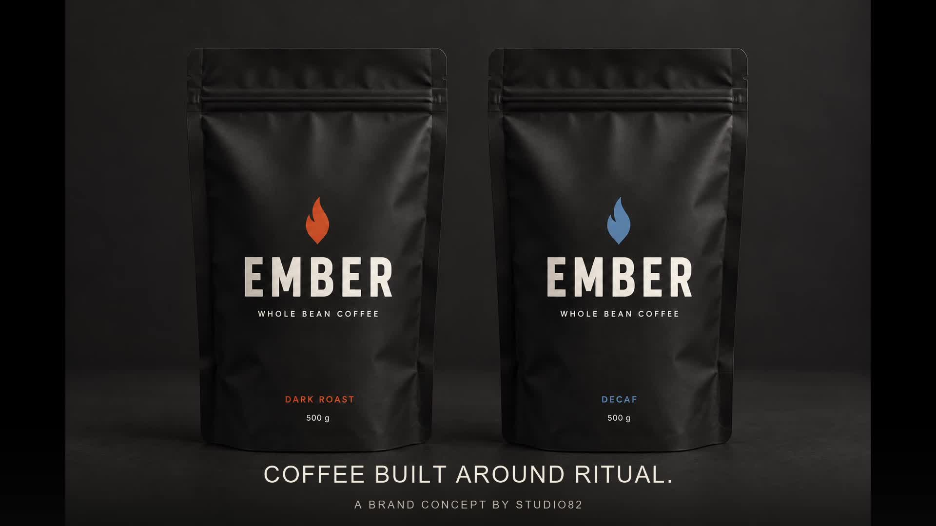 EMBER coffee packaging in dark roast orange and decaf blue