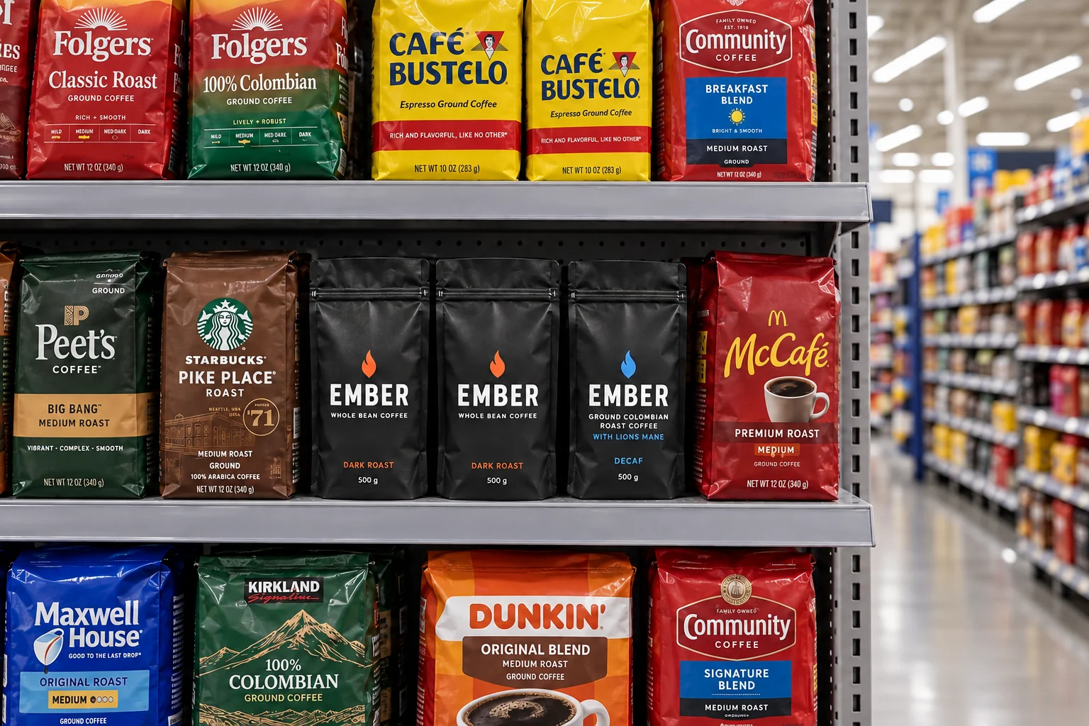 Three EMBER coffee bags among other coffee products on a big-box supermarket shelf, shown as a concept