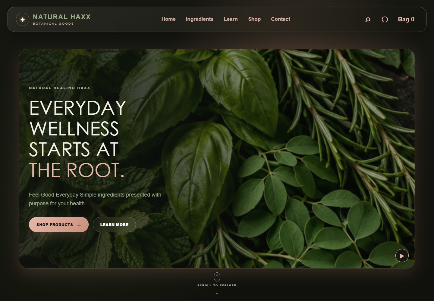 Natural Haxx website: botanical imagery, sage green lettering, and rose-gold details