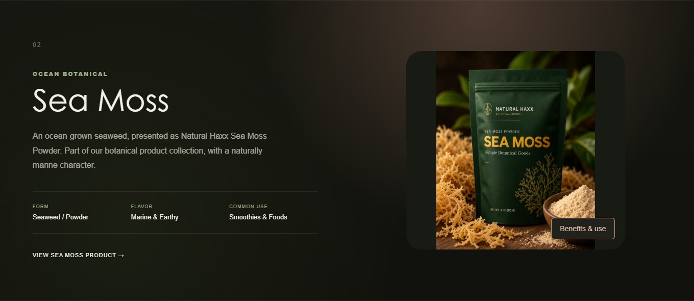 Natural Haxx Sea Moss ingredient section, with product packaging, descriptive details, and a Benefits and use flip-card control