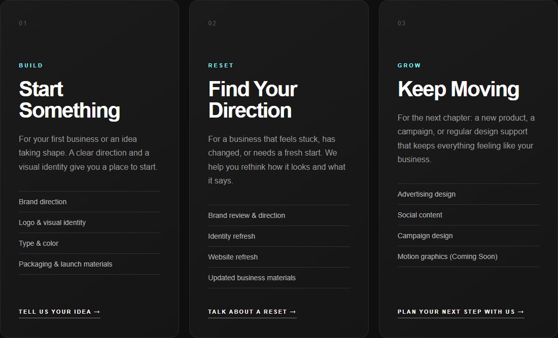 Studio82 Build, Reset, and Grow service cards for starting a business, finding direction, and ongoing design support